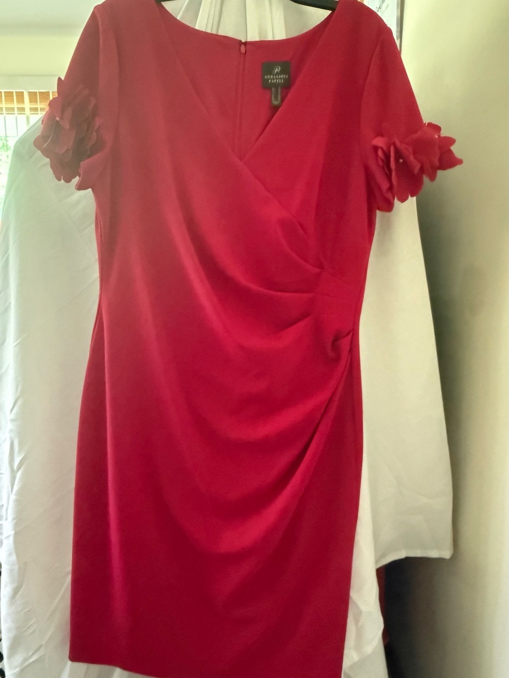 Adrianna Papell Red Midi Dress with Floral Sleeve Detail